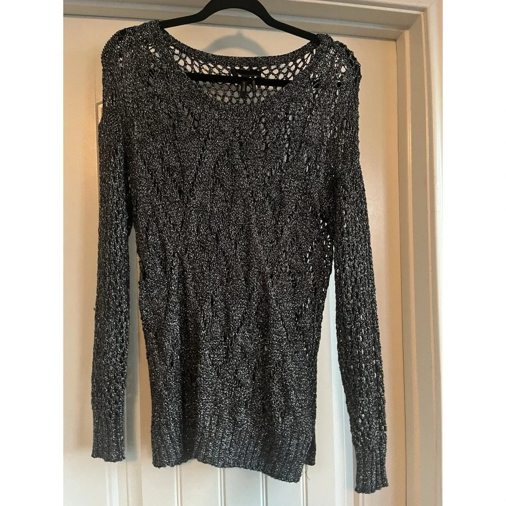 Jans Buffalo Delilah M Black Metallic Open Knit Mesh‎ Sweater Sheer Long Sleeve - Picture 2 of 6